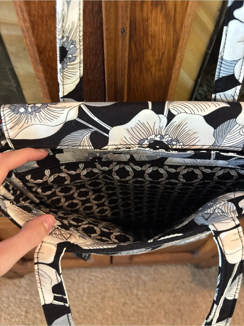 Quilted Floral Computer Tote Bag in Black and White